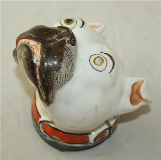 A Staffordshire porcelain bulldogs head table snuff box, c.1860, length 11.5cm, slight wear to the enamels